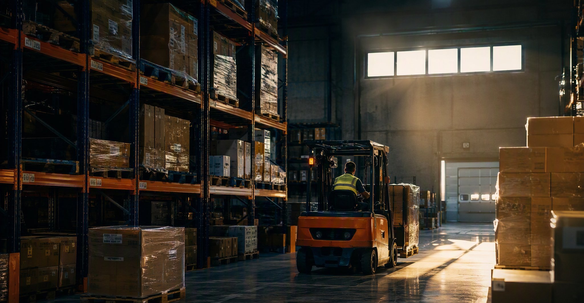 Современный склад IZI Logistic: стеллажи, паллеты и погрузчик